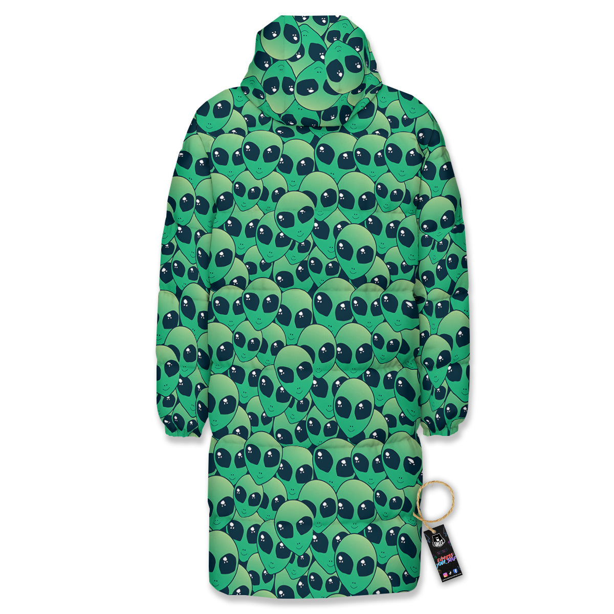 Alien UFO Green Cute Print Long Down Jacket-grizzshop