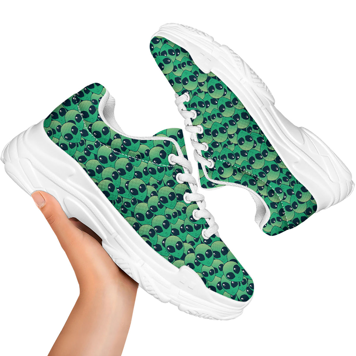 Alien UFO Green Cute Print White Chunky Shoes-grizzshop