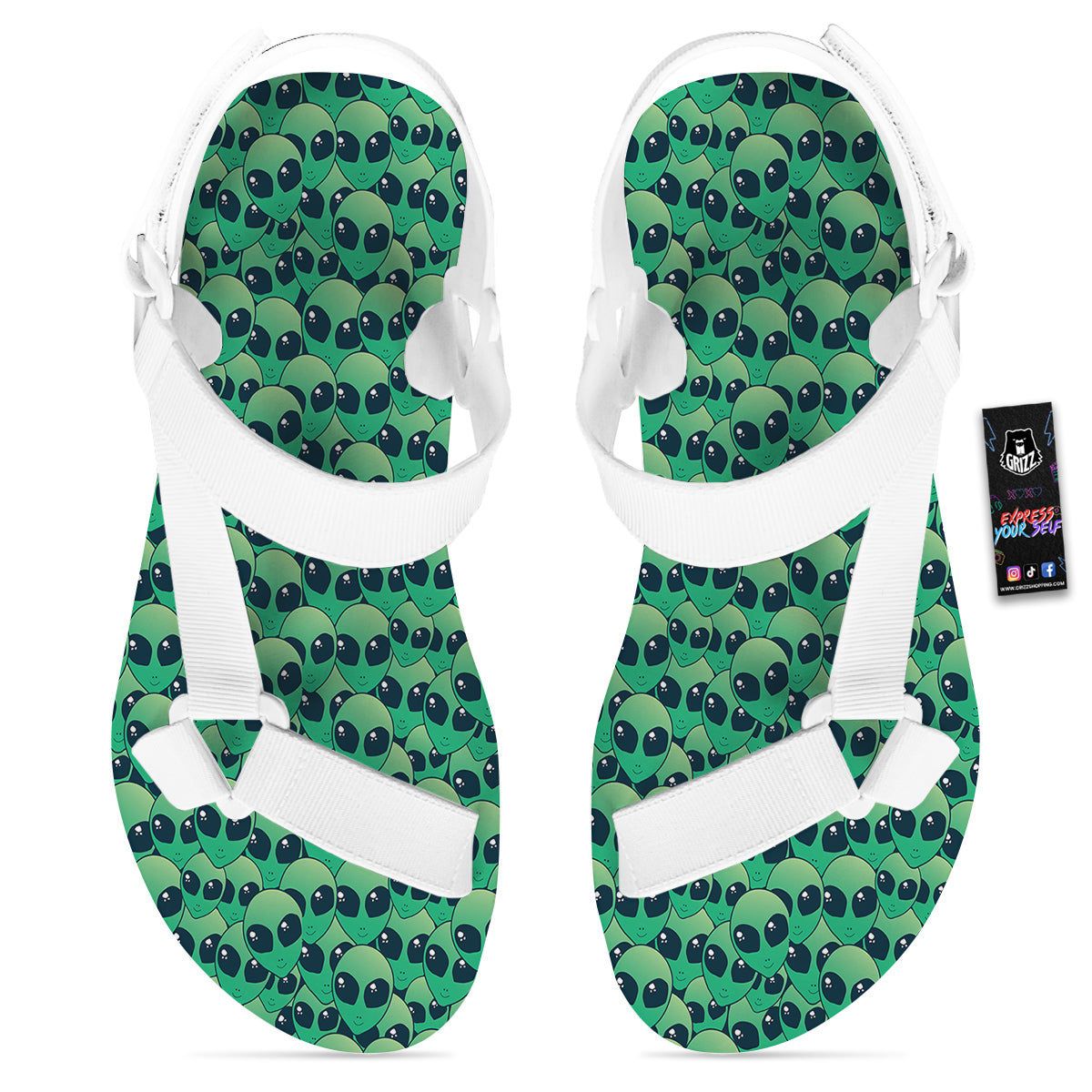 Alien UFO Green Cute Print White Open Toe Sandals-grizzshop