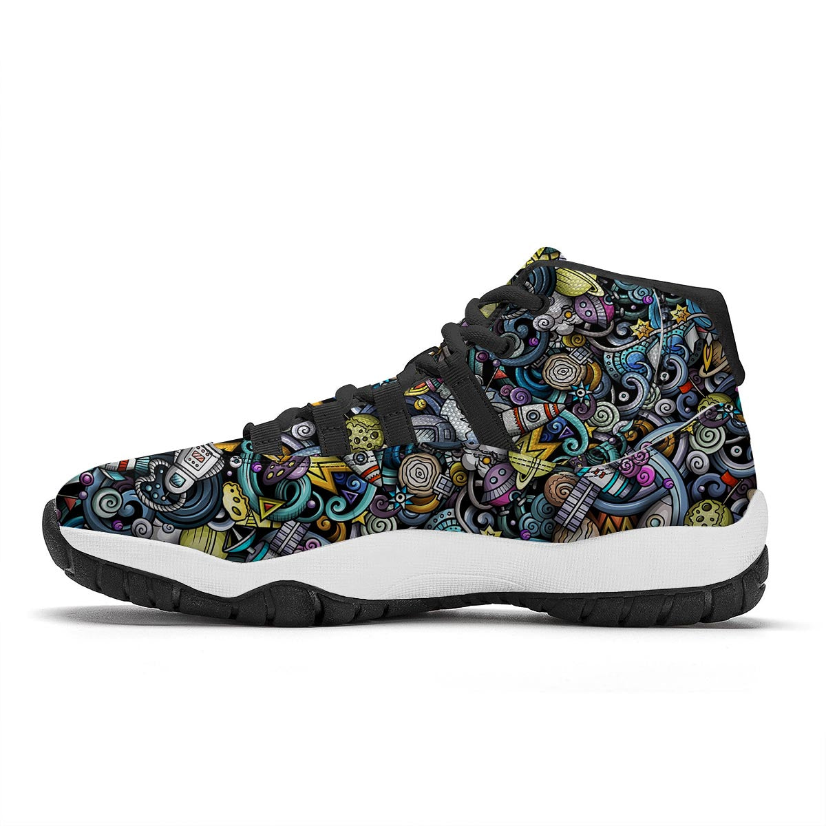 Alien Ufo Psychedelic Pattern Print Black Bball Shoes-grizzshop