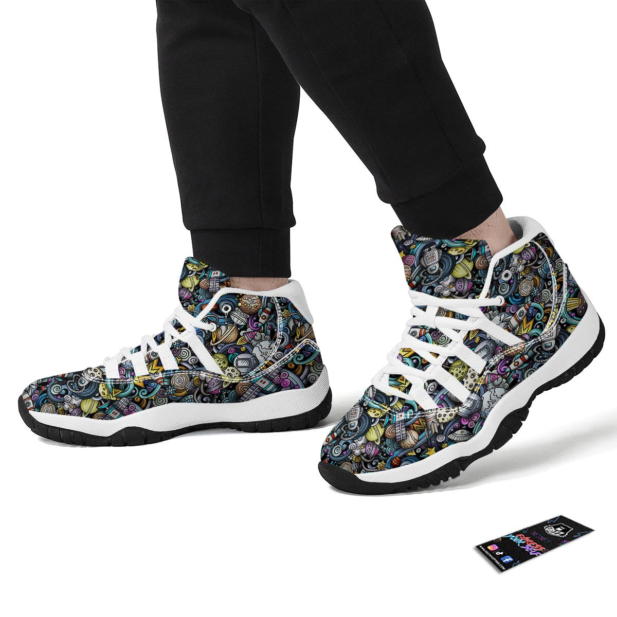 Alien Ufo Psychedelic Pattern Print White Bball Shoes-grizzshop