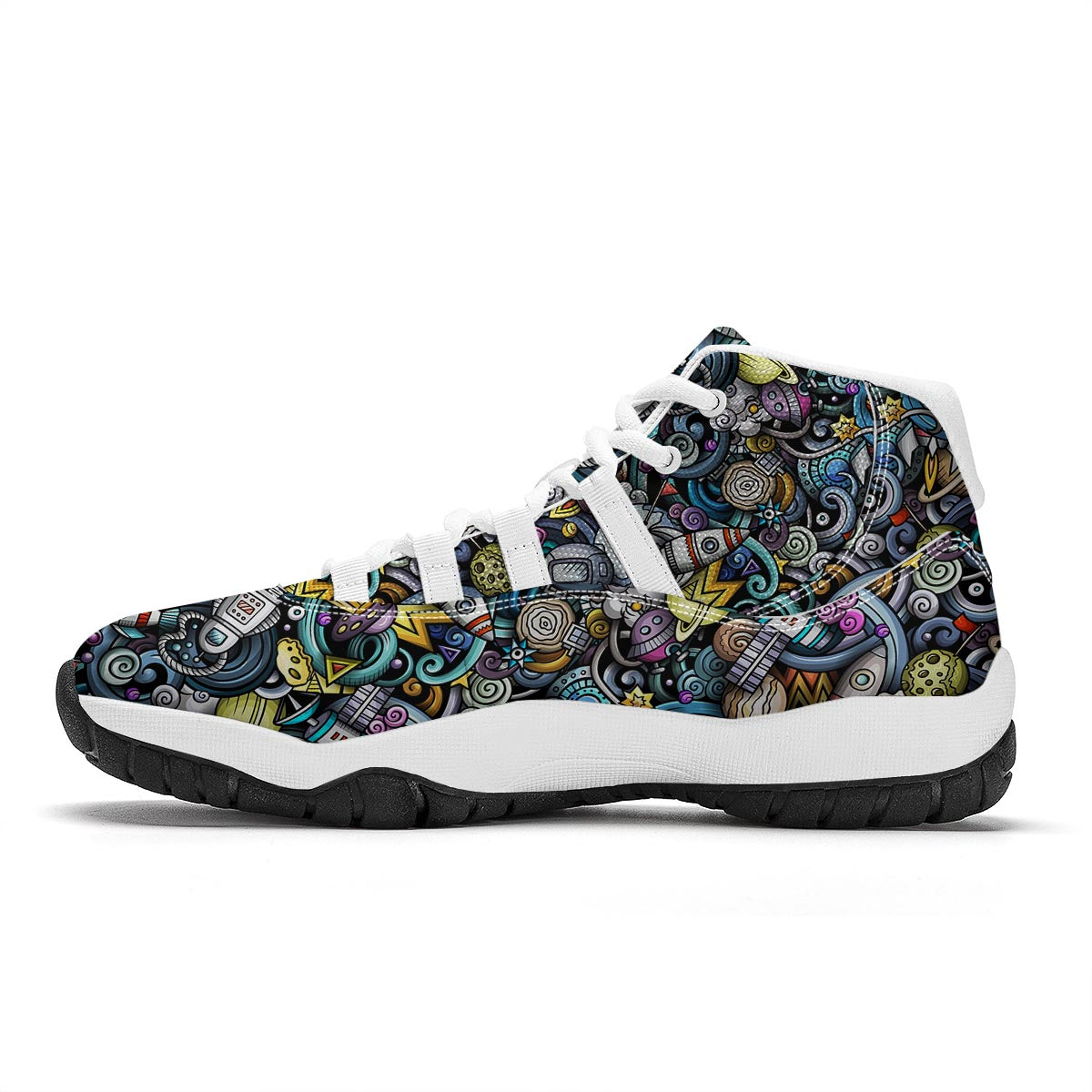 Alien Ufo Psychedelic Pattern Print White Bball Shoes-grizzshop