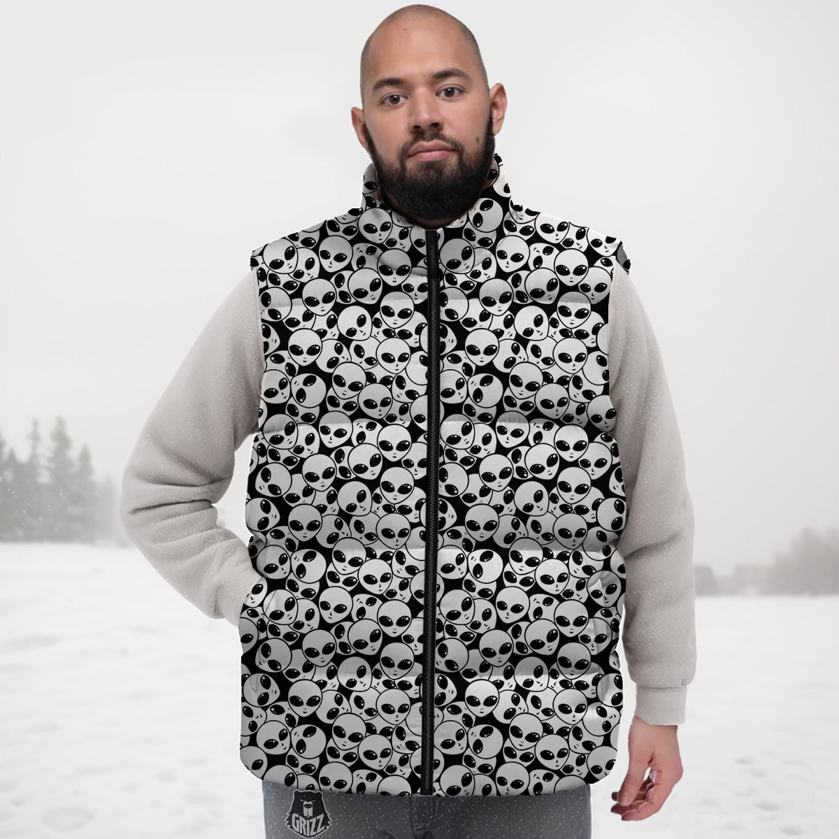 Alien White And Black Print Down Vest
