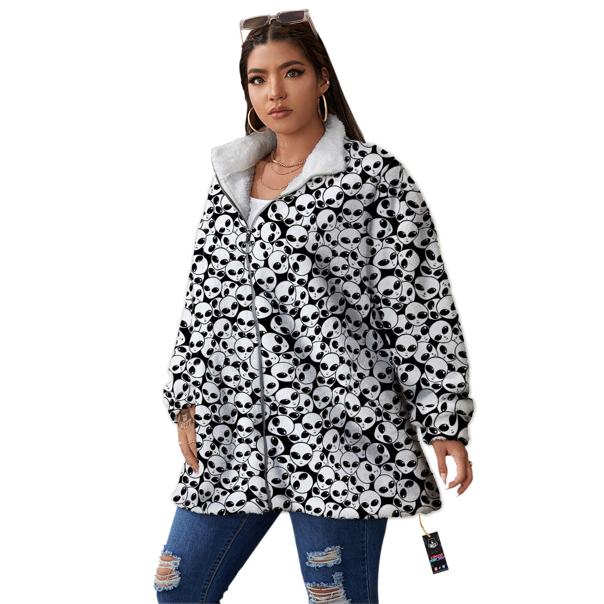 Alien White And Black Print Women's Sherpa Jacket-grizzshop