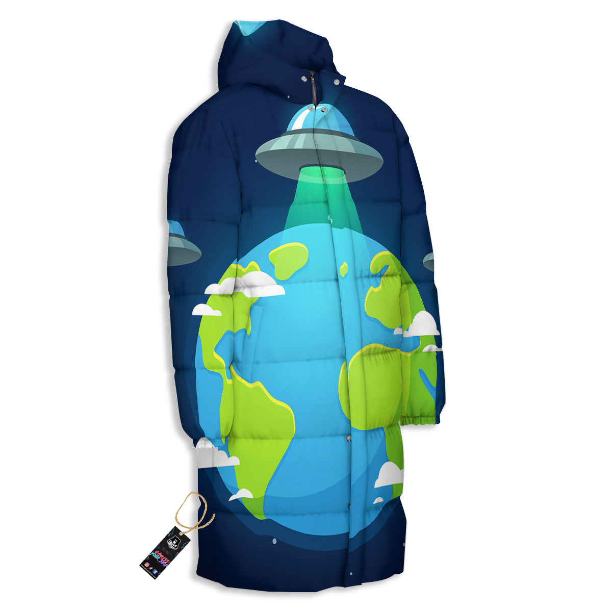 Alien Invasion And Earth Print Long Down Jacket