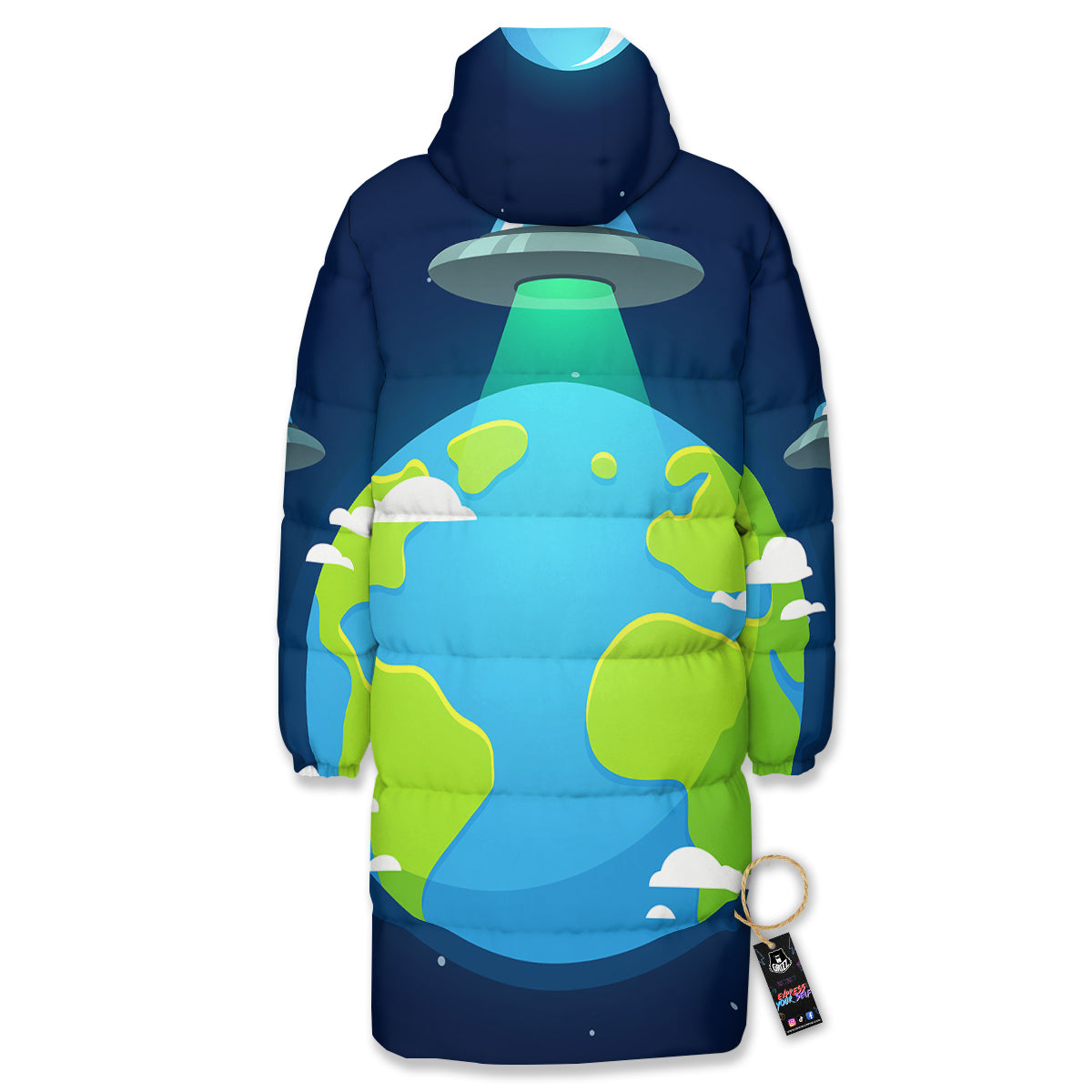 Alien Invasion And Earth Print Long Down Jacket