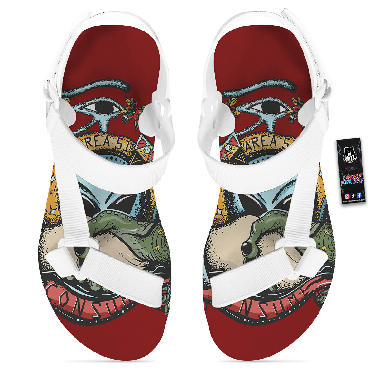 Aliens Area 51 Print White Open Toe Sandals-grizzshop