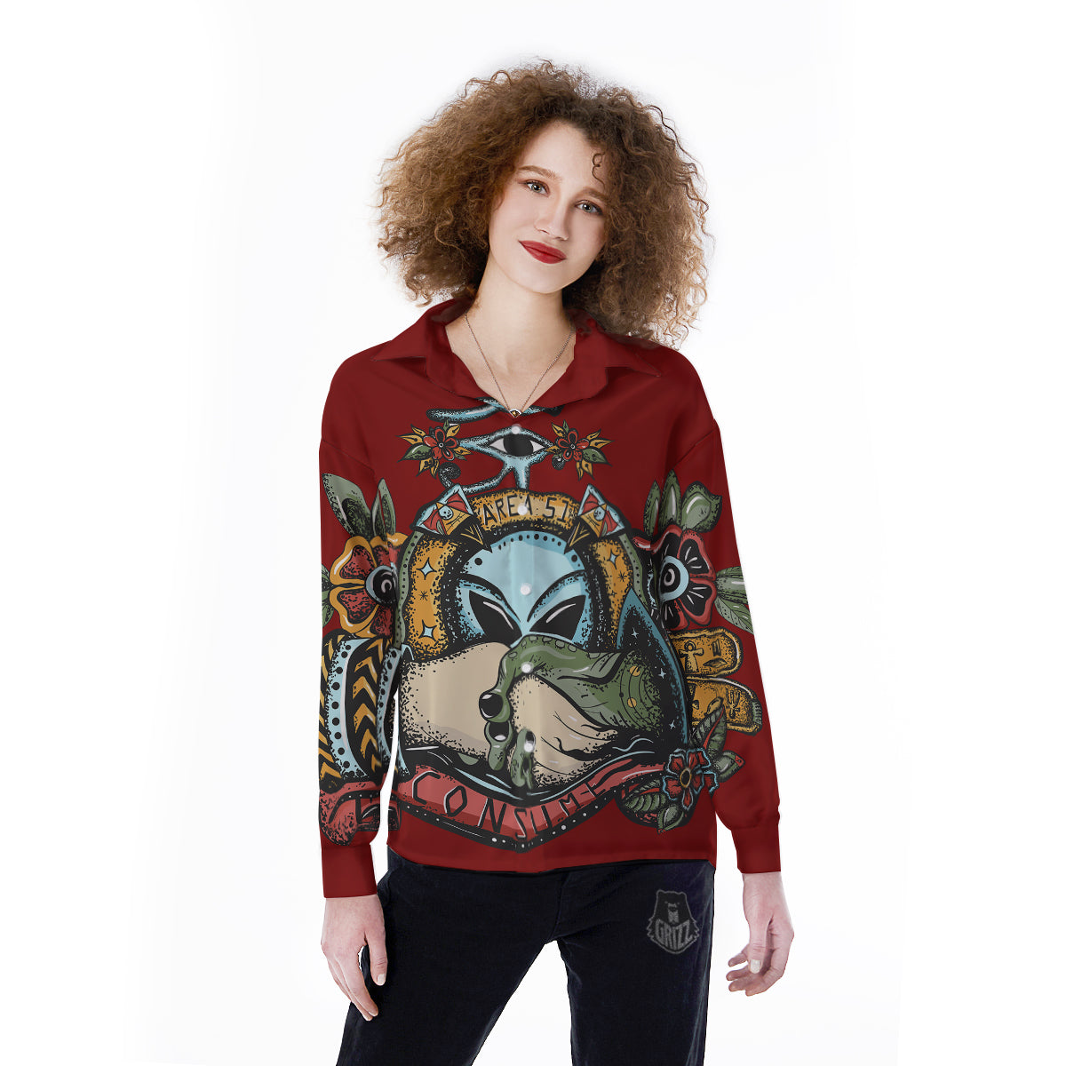Aliens Area 51 Print Women's Long Sleeve Shirts-grizzshop