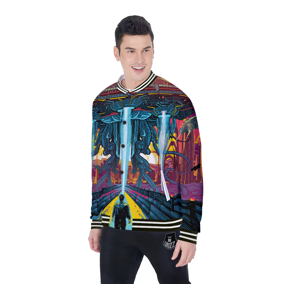Aliens Invade earth Print Baseball Jacket-grizzshop