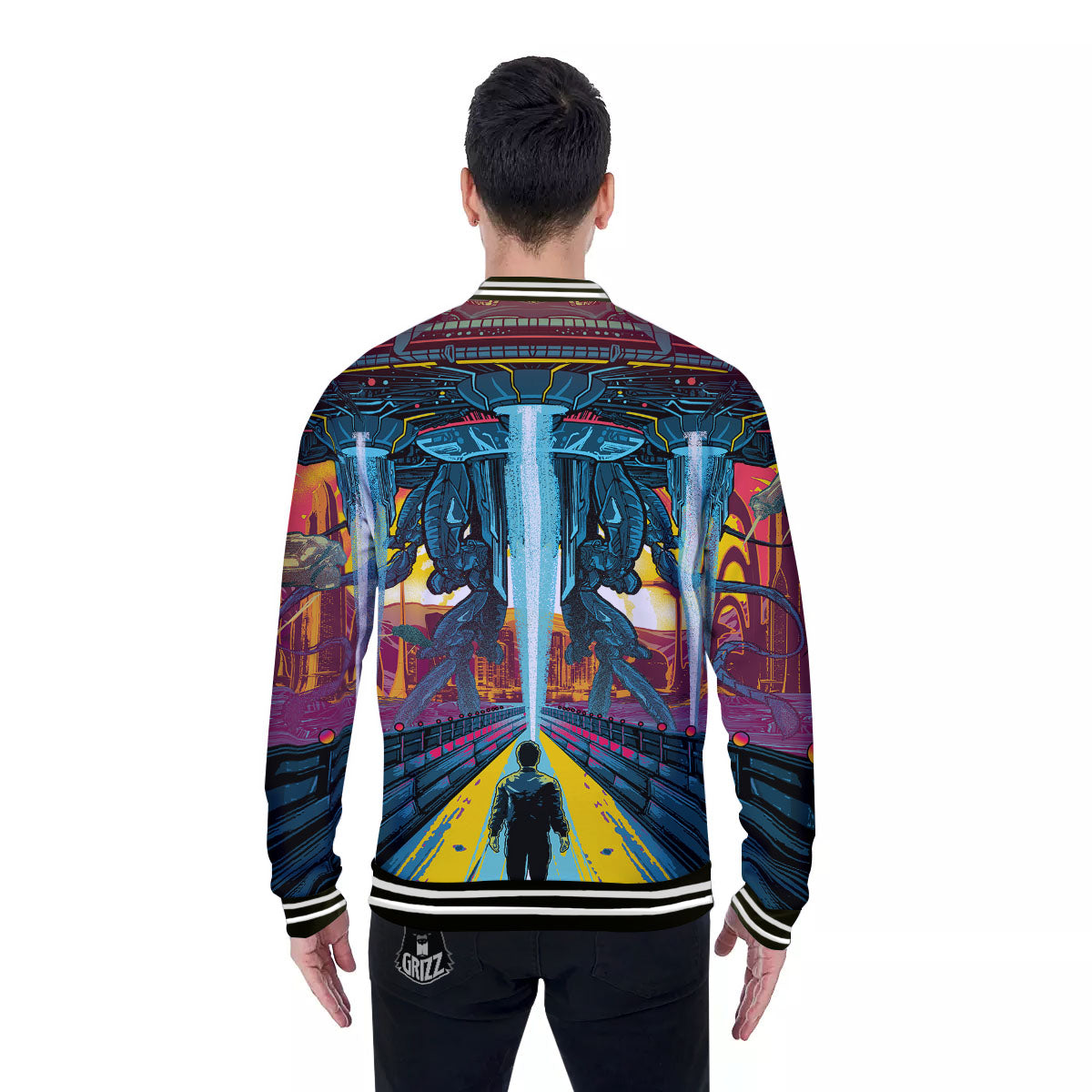 Aliens Invade earth Print Baseball Jacket-grizzshop