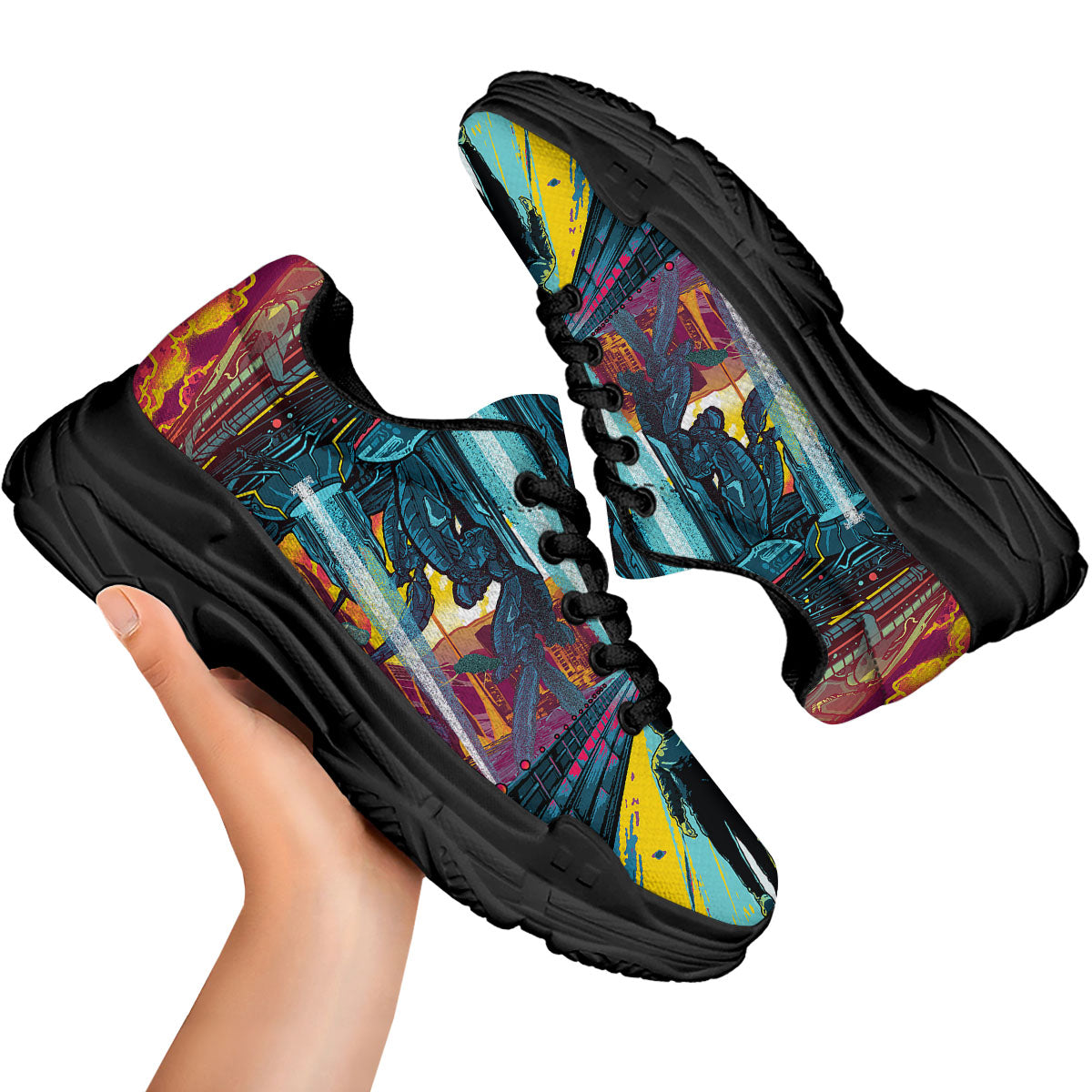 Aliens Invade earth Print Black Chunky Shoes-grizzshop