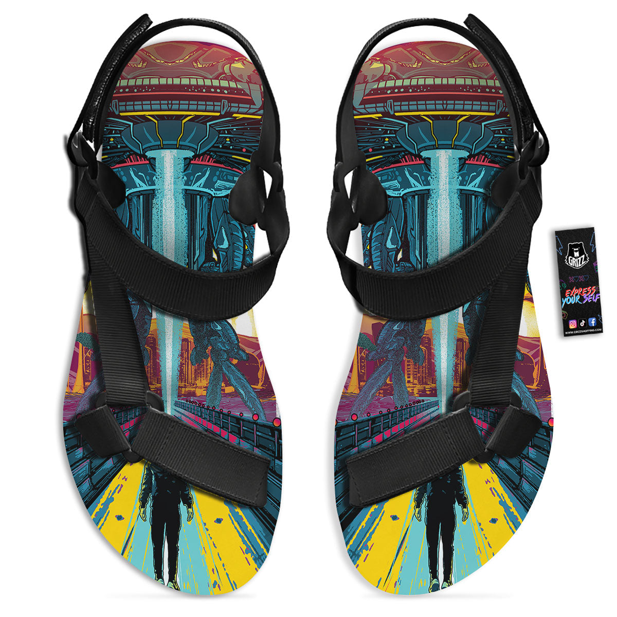 Aliens Invade earth Print Black Open Toe Sandals-grizzshop