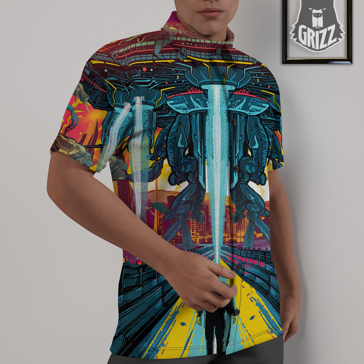 Aliens Invade earth Print Untucked Shirts-grizzshop