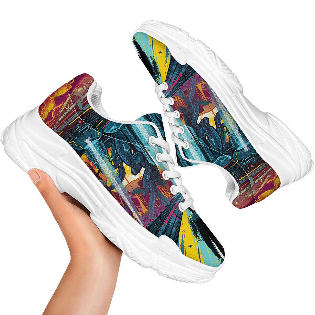 Aliens Invade earth Print White Chunky Shoes-grizzshop