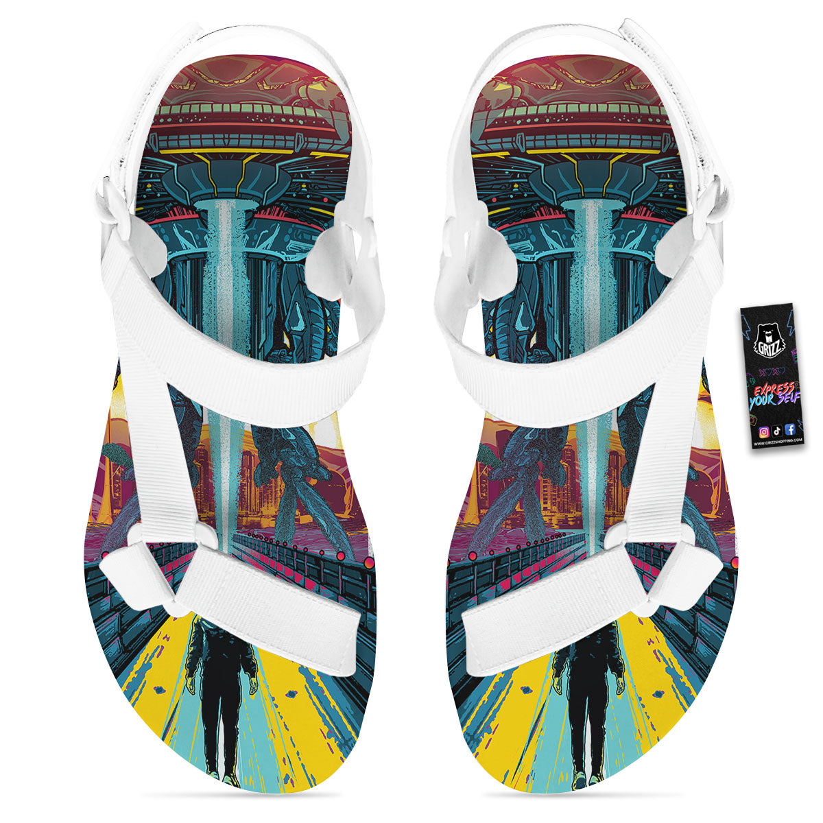 Aliens Invade earth Print White Open Toe Sandals-grizzshop