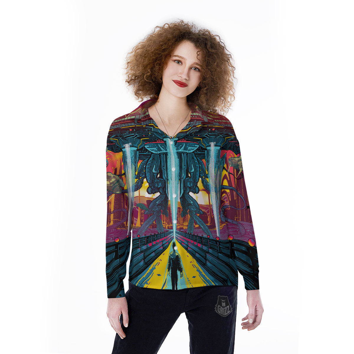 Aliens Invade earth Print Women's Long Sleeve Shirts-grizzshop
