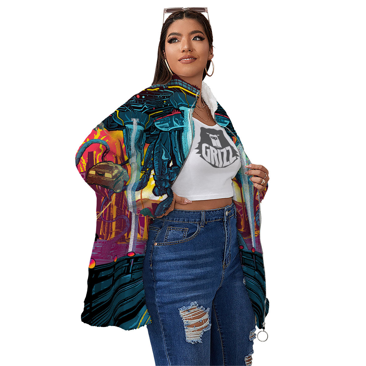 Aliens Invade earth Print Women's Sherpa Jacket-grizzshop