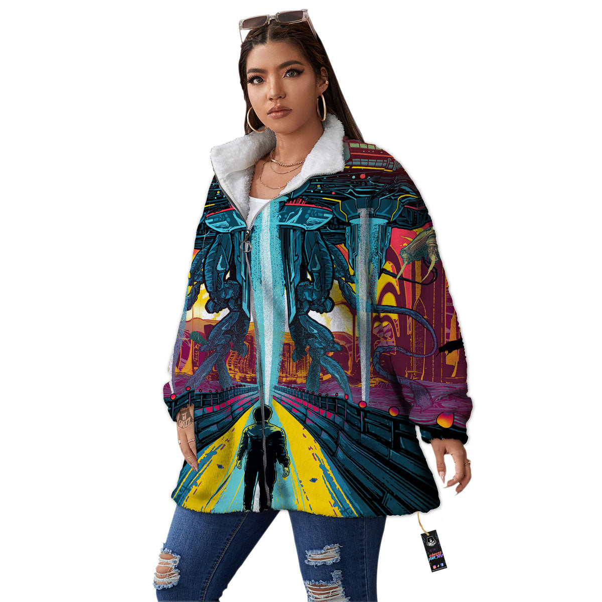 Aliens Invade earth Print Women's Sherpa Jacket-grizzshop