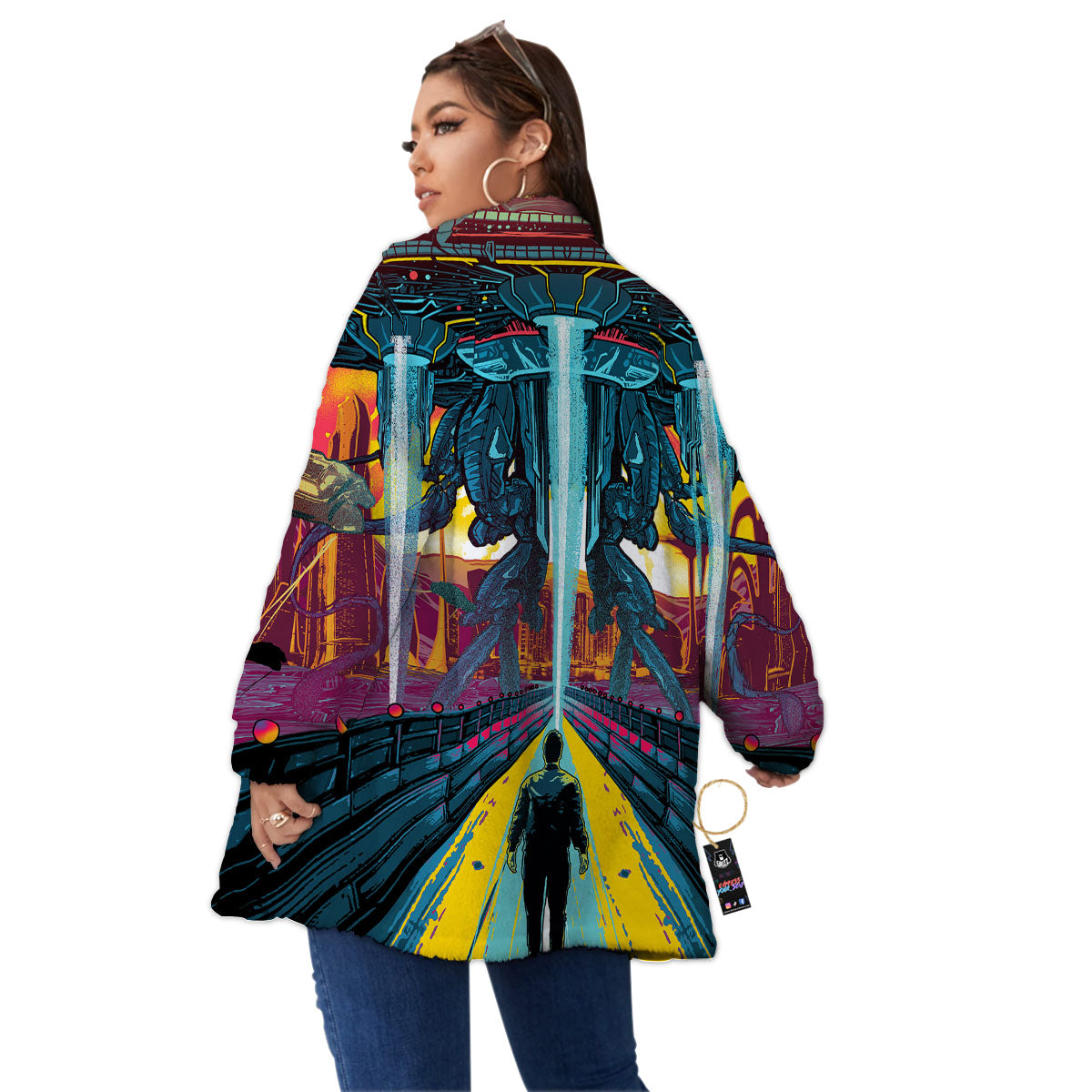 Aliens Invade earth Print Women's Sherpa Jacket-grizzshop