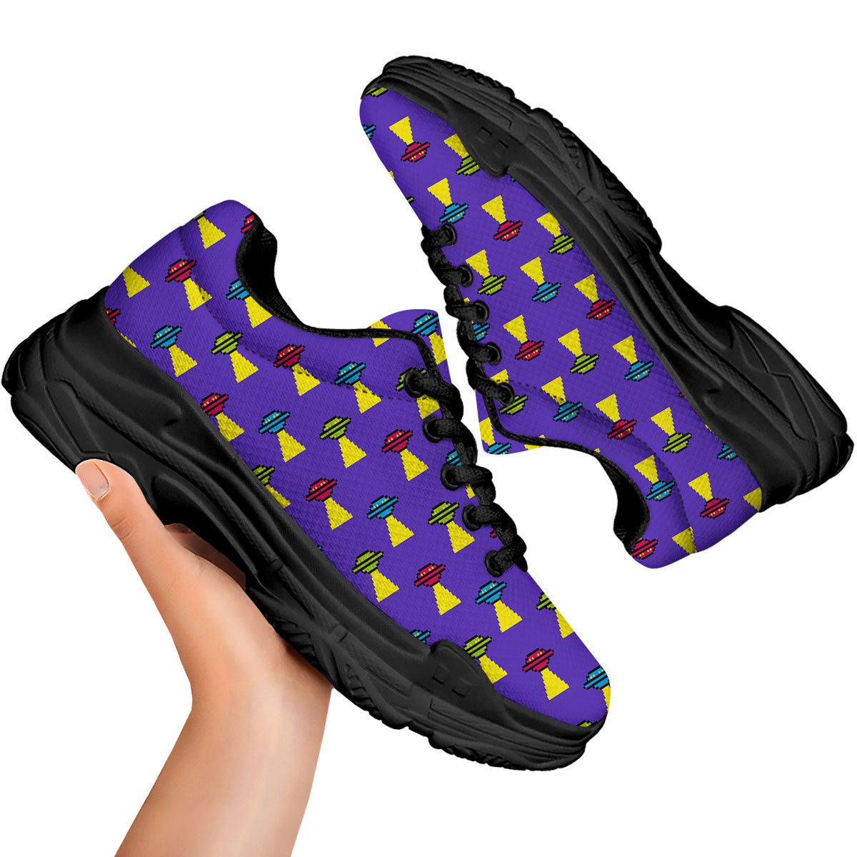 Aliens UFO Pixel Print Pattern Black Chunky Shoes-grizzshop