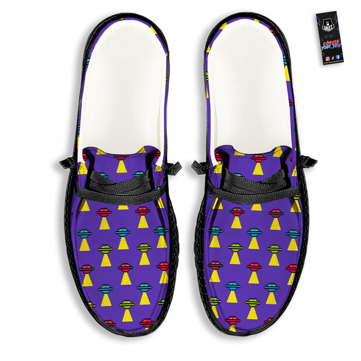 Aliens UFO Pixel Print Pattern Black Loafers-grizzshop