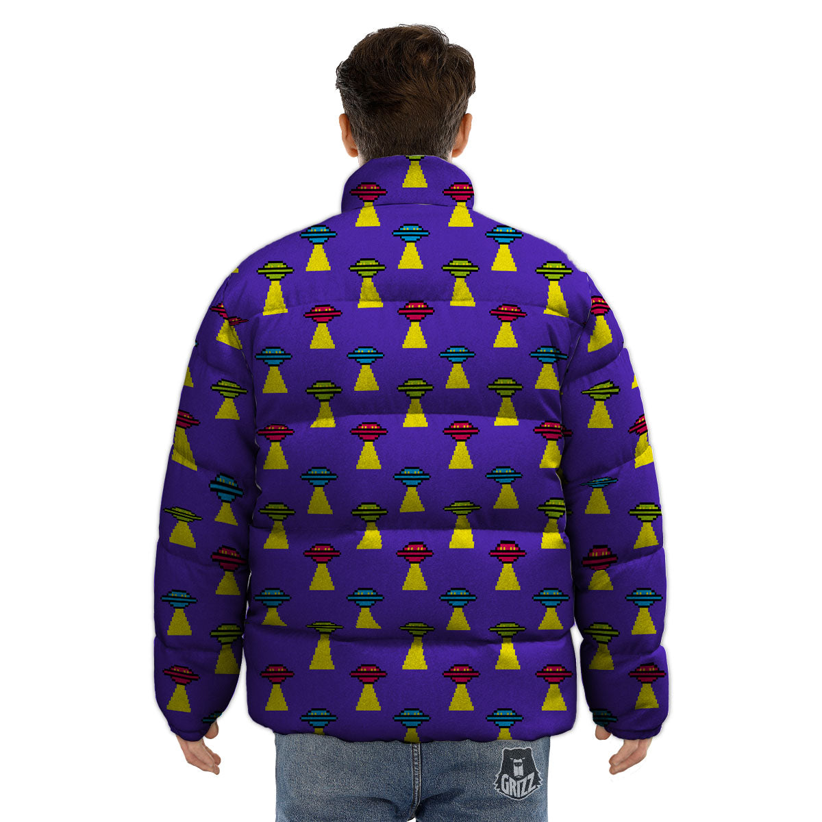 Aliens UFO Pixel Print Pattern Puffer Jacket-grizzshop