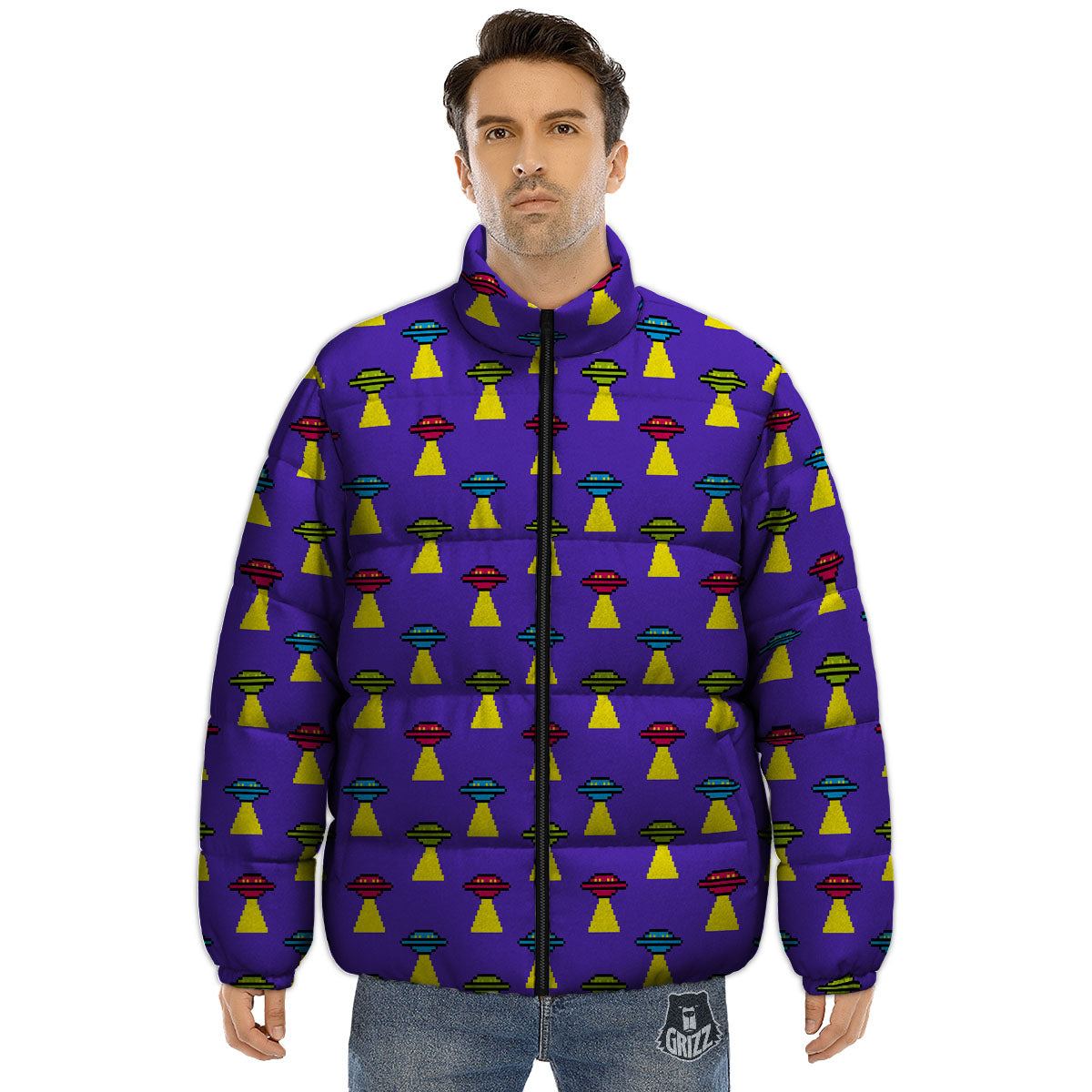 Aliens UFO Pixel Print Pattern Puffer Jacket-grizzshop