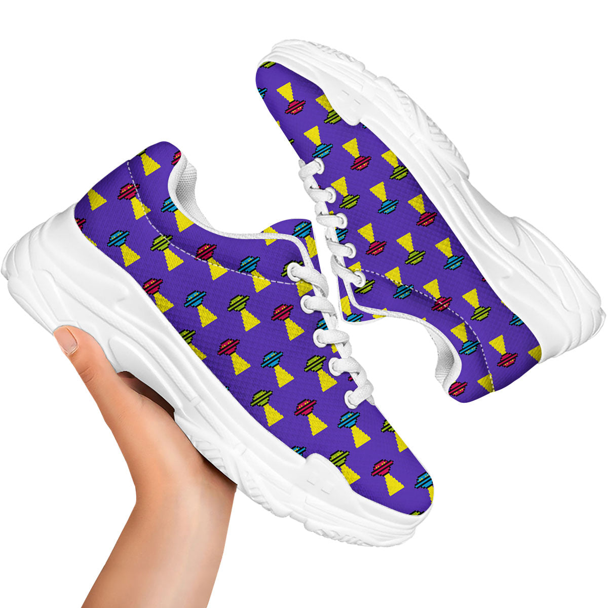 Aliens UFO Pixel Print Pattern White Chunky Shoes-grizzshop