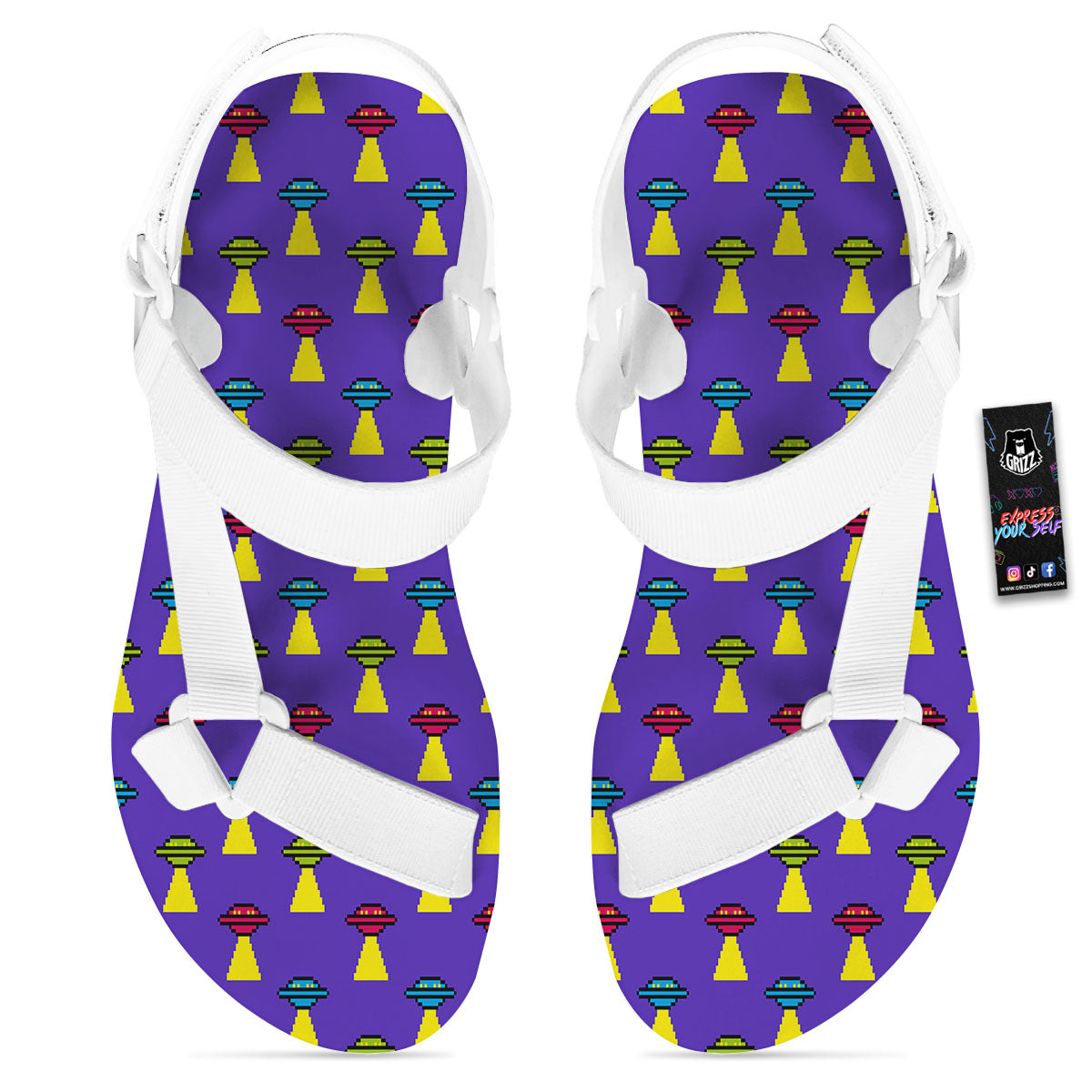 Aliens UFO Pixel Print Pattern White Open Toe Sandals-grizzshop