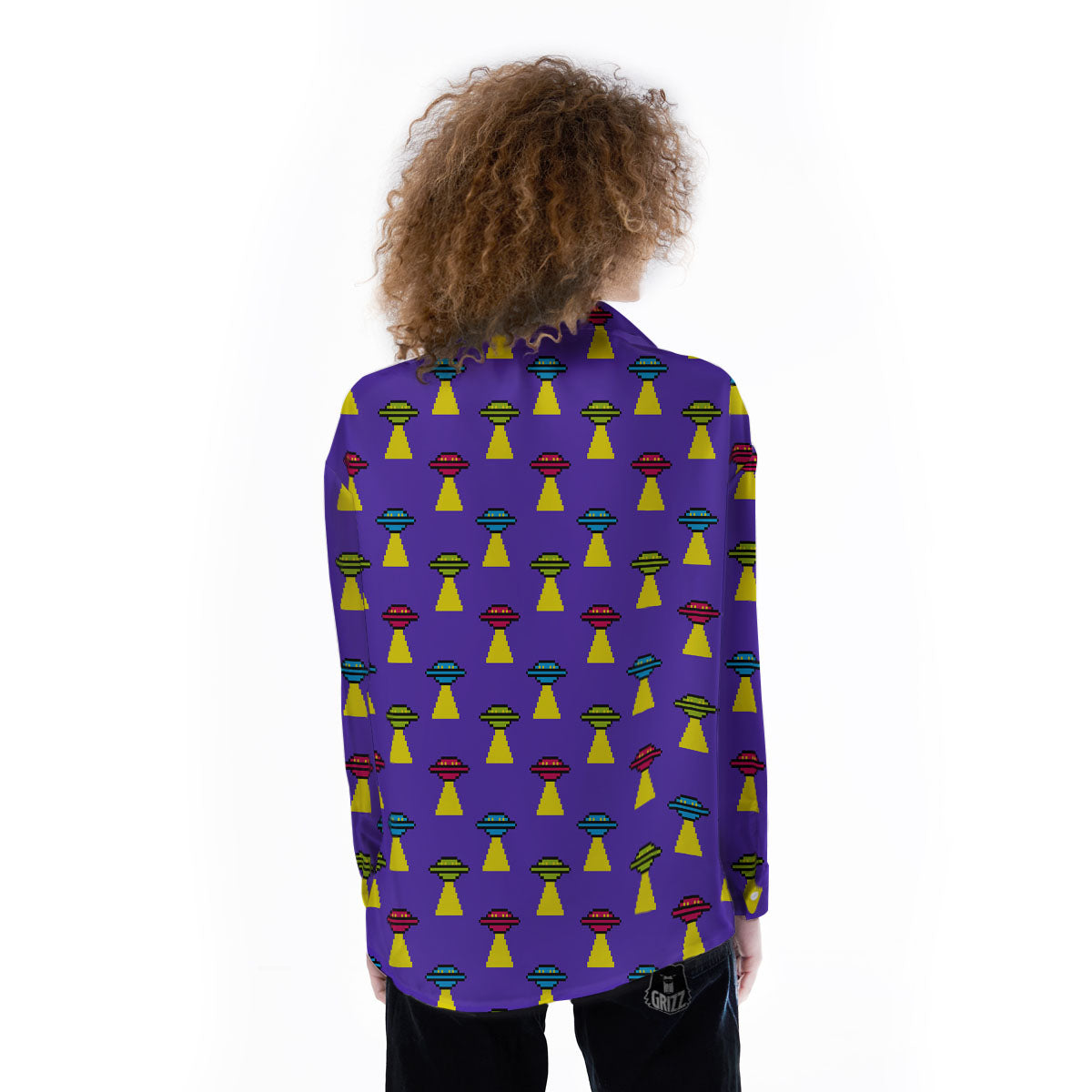 Aliens UFO Pixel Print Pattern Women's Long Sleeve Shirts-grizzshop