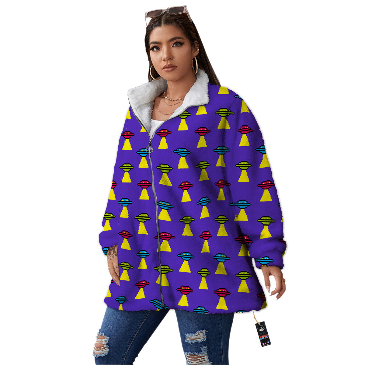 Aliens UFO Pixel Print Pattern Women's Sherpa Jacket-grizzshop
