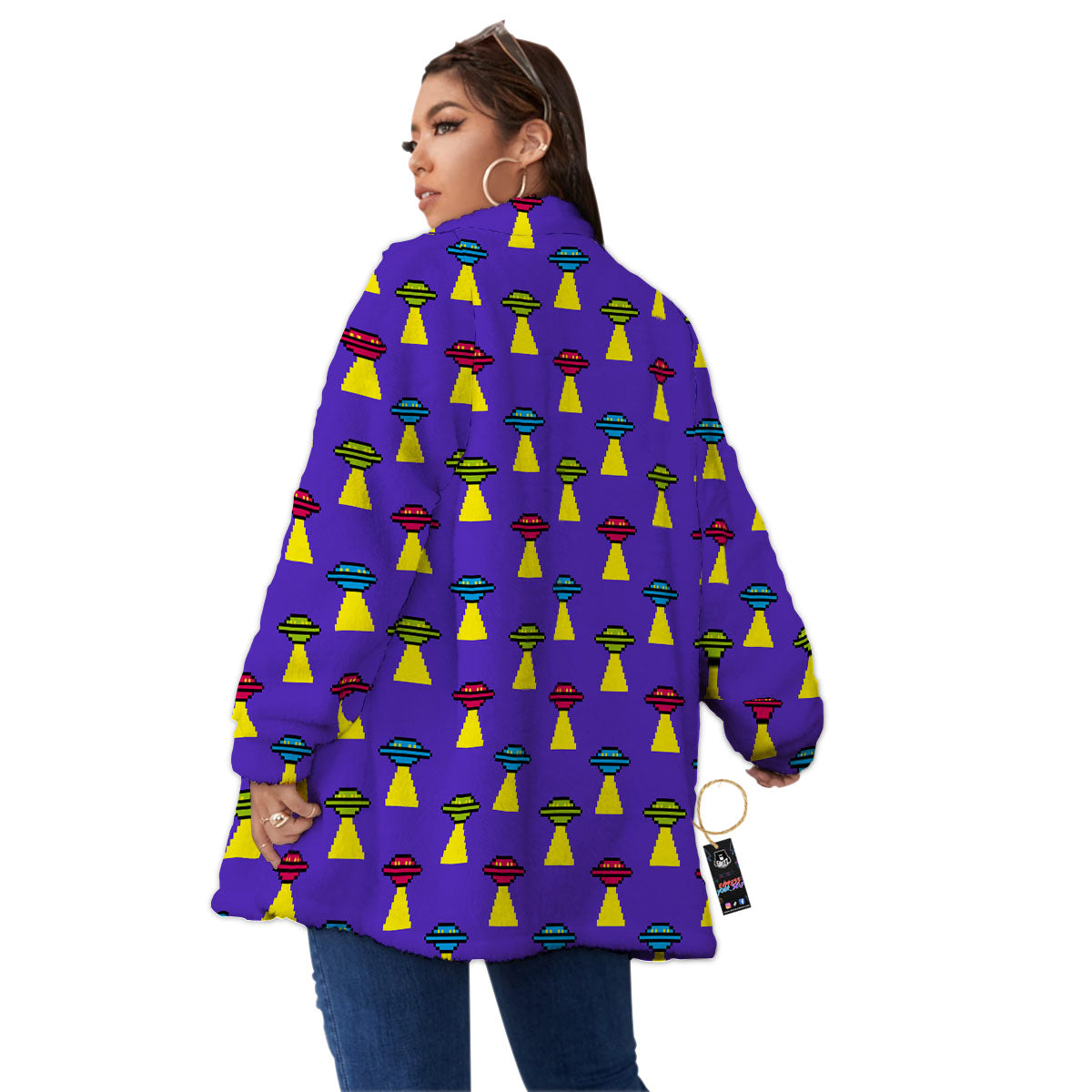 Aliens UFO Pixel Print Pattern Women's Sherpa Jacket-grizzshop