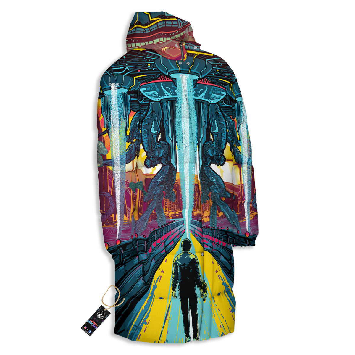 Aliens Invade earth Print Long Down Jacket