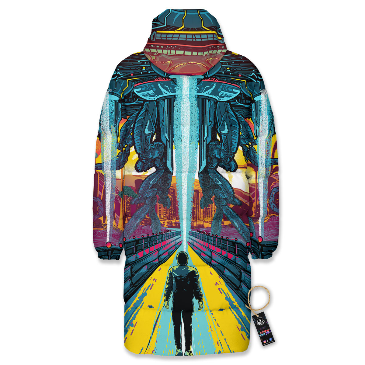 Aliens Invade earth Print Long Down Jacket