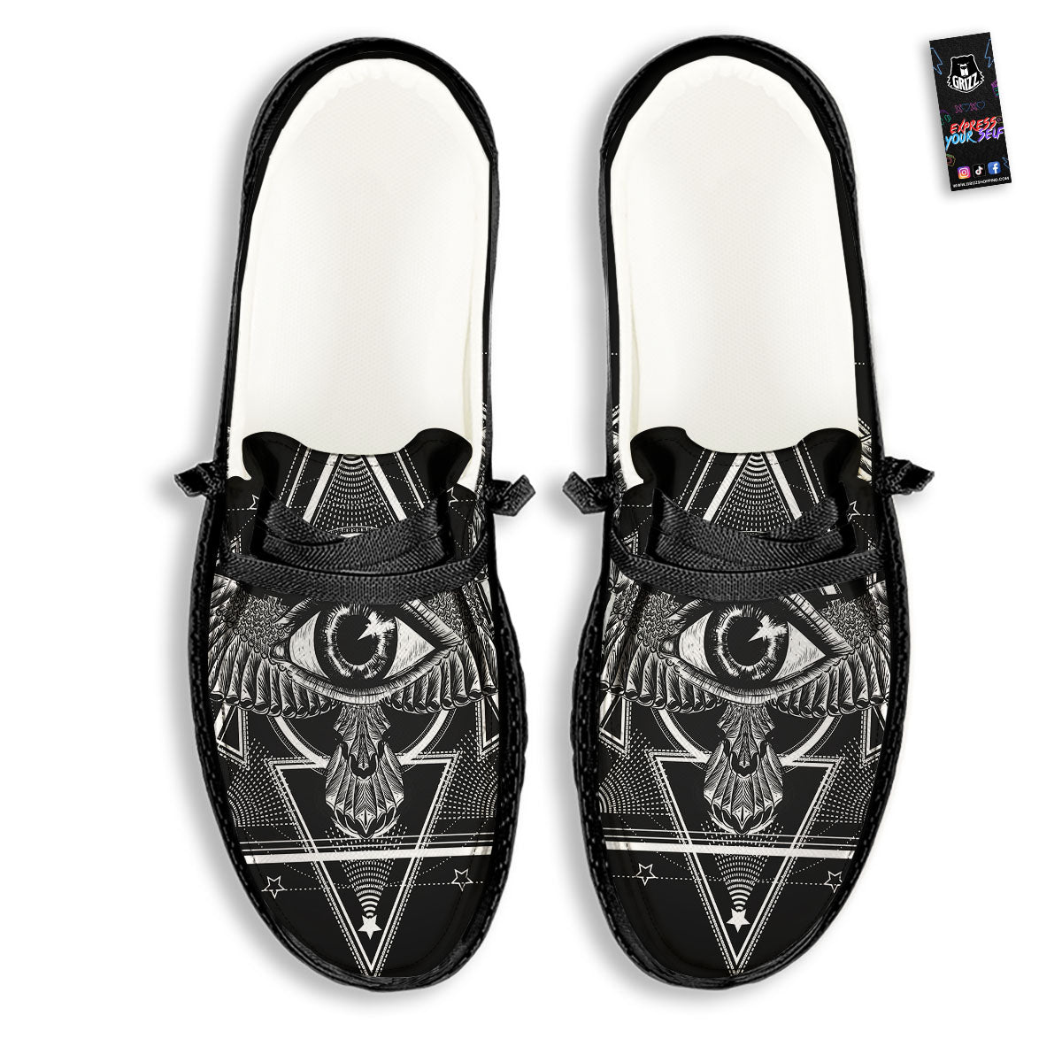 All Seeing Eye Black And Silver Print Black Loafers-grizzshop