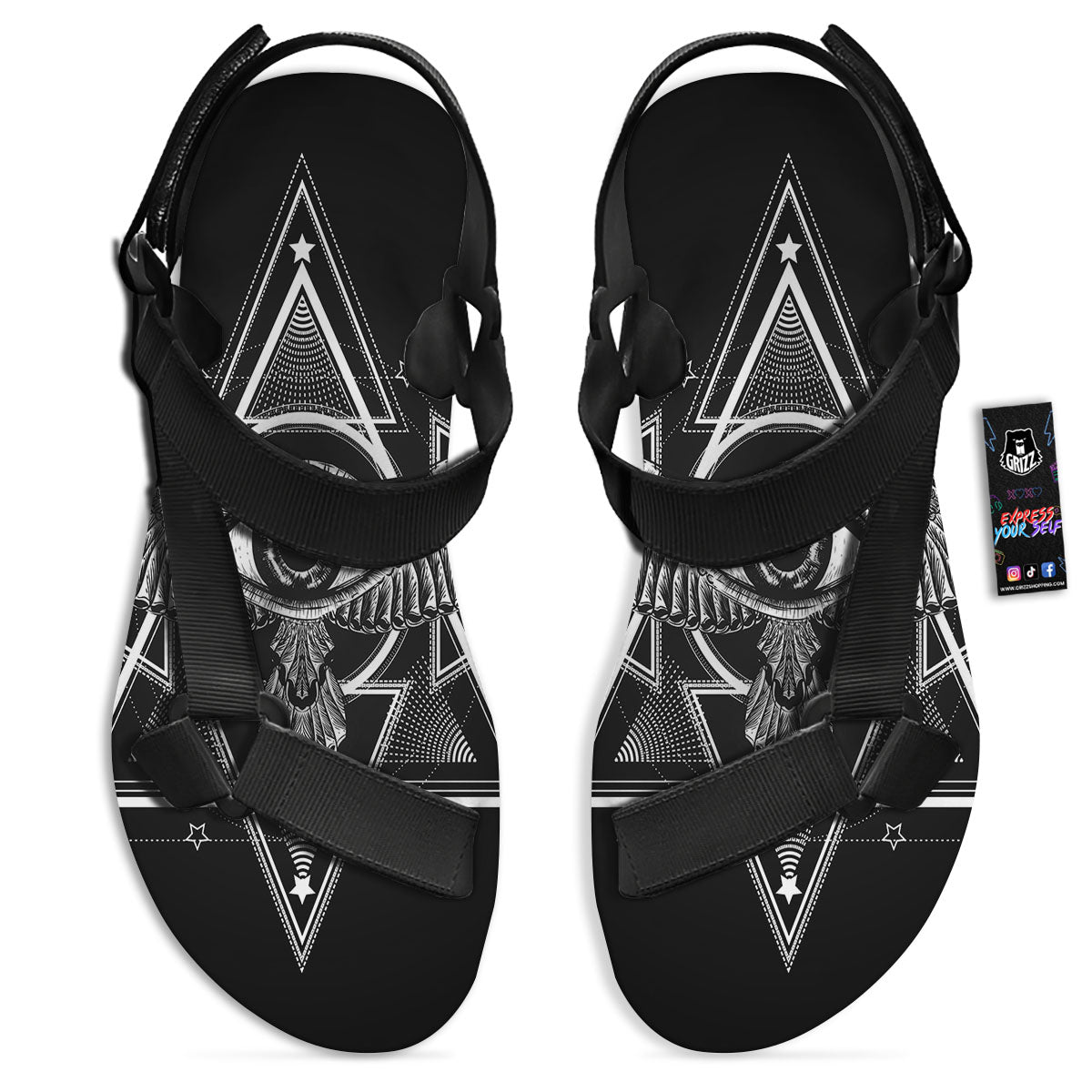 All Seeing Eye Black And Silver Print Black Open Toe Sandals-grizzshop