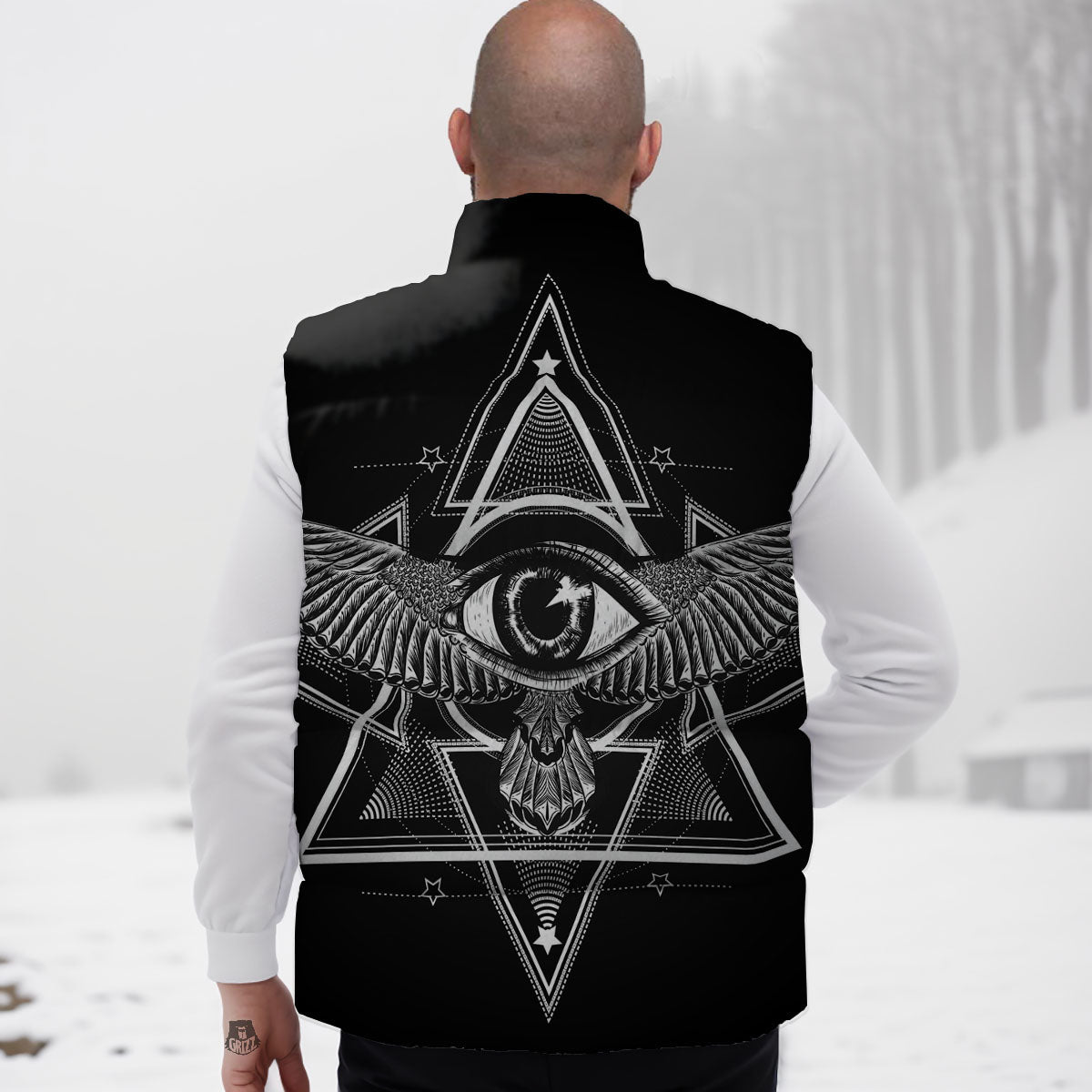 All Seeing Eye Black And Silver Print Down Vest