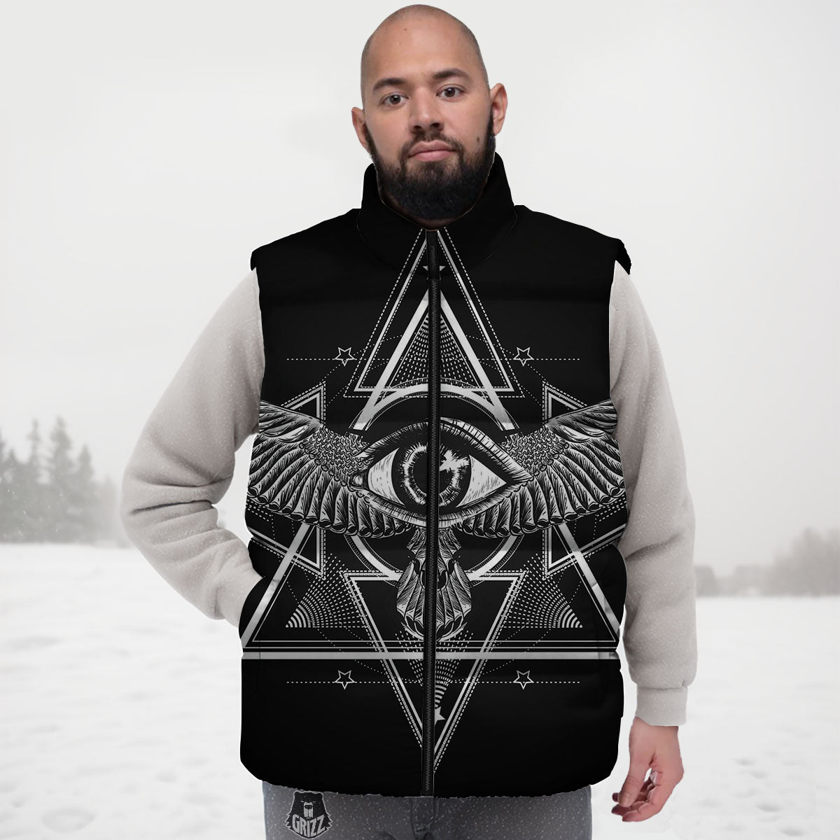 All Seeing Eye Black And Silver Print Down Vest