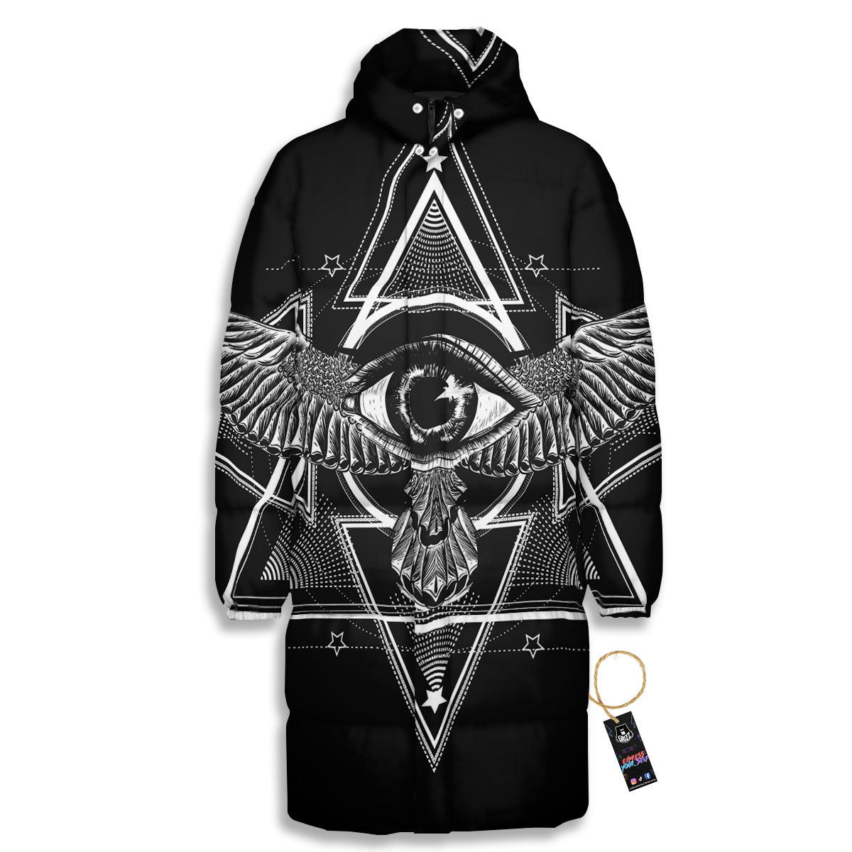All Seeing Eye Black And Silver Print Long Down Jacket-grizzshop