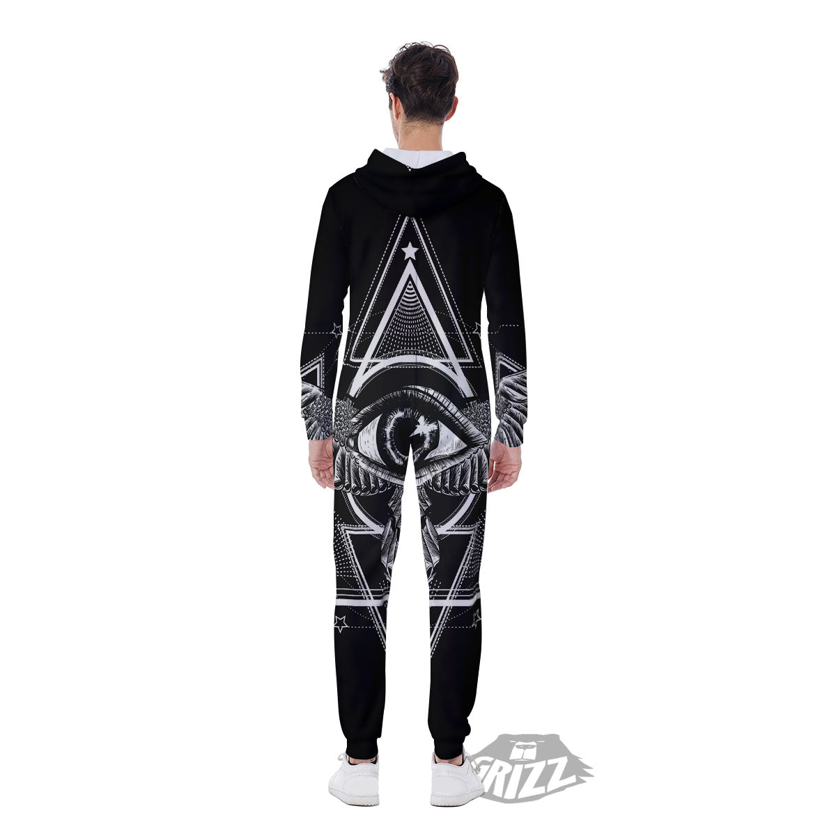 All Seeing Eye Black And Silver Print Men's Jumpsuit-grizzshop