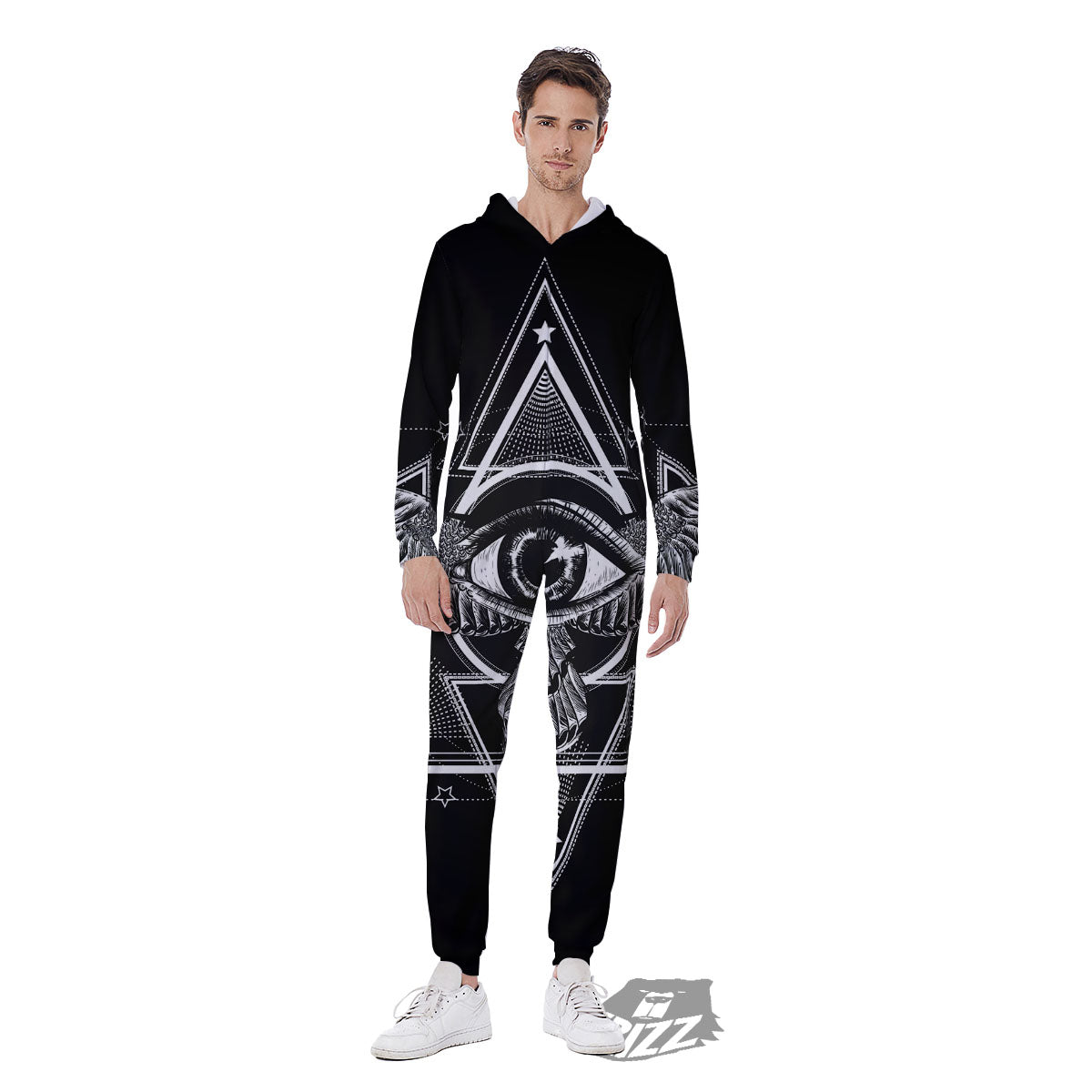 All Seeing Eye Black And Silver Print Men's Jumpsuit-grizzshop
