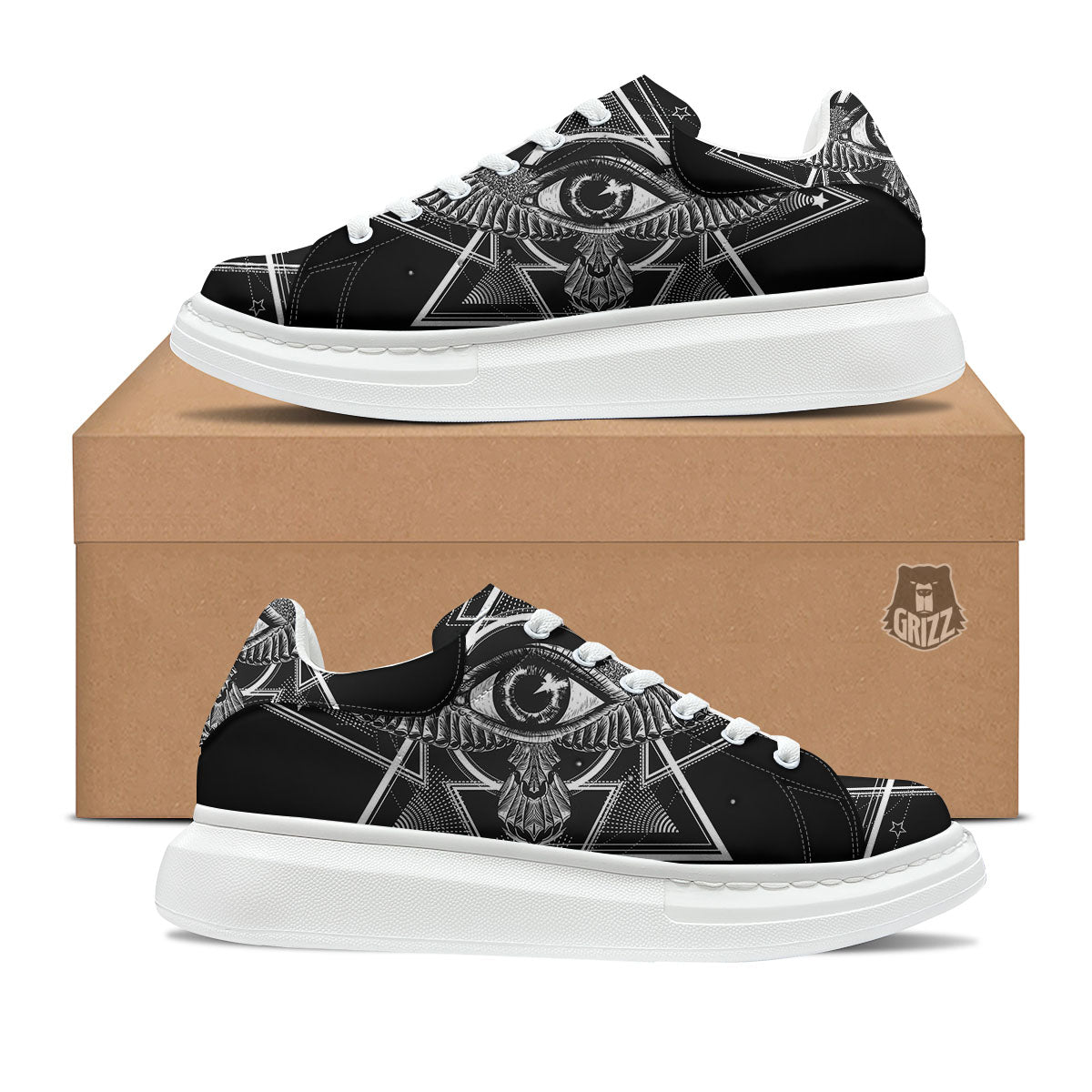 All Seeing Eye Black And Silver Print Platform Shoes-grizzshop