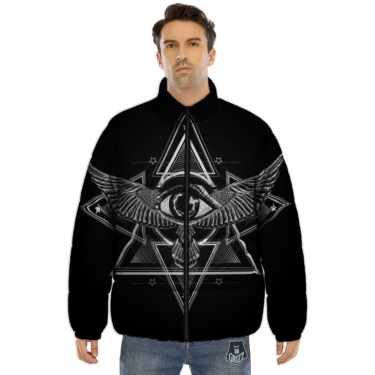 All Seeing Eye Black And Silver Print Puffer Jacket-grizzshop
