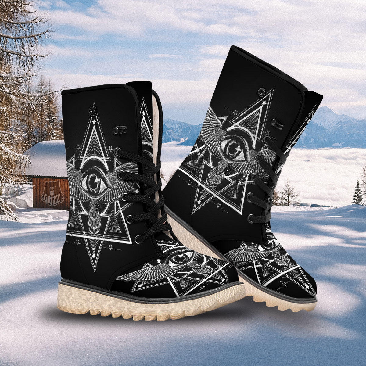 All Seeing Eye Black And Silver Print Snow Boots-grizzshop