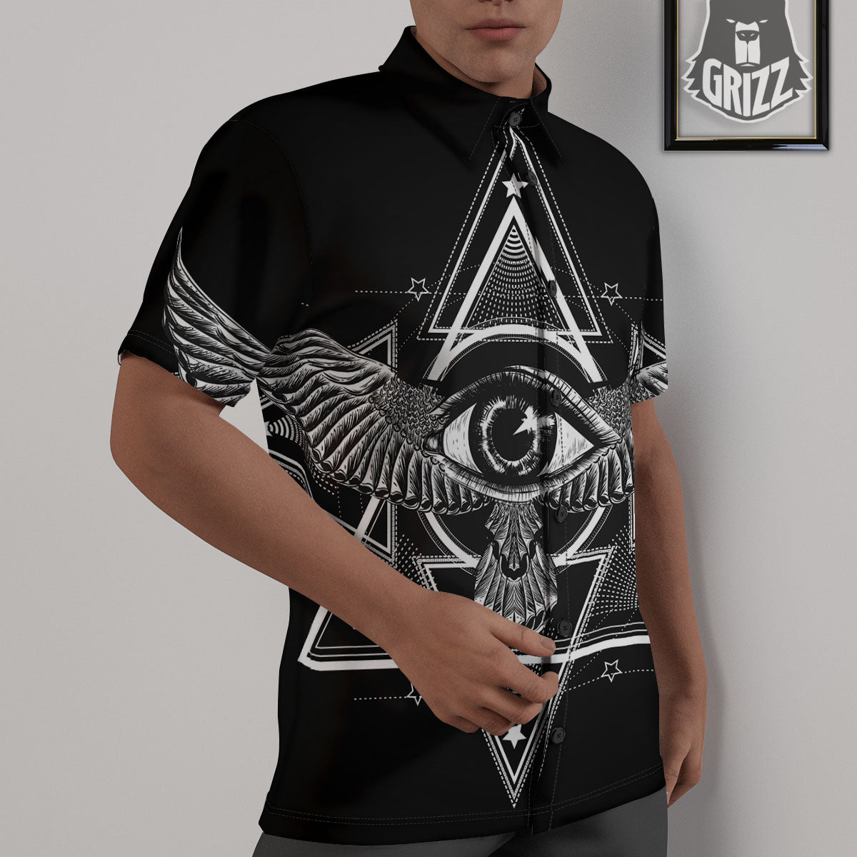All Seeing Eye Black And Silver Print Untucked Shirts-grizzshop