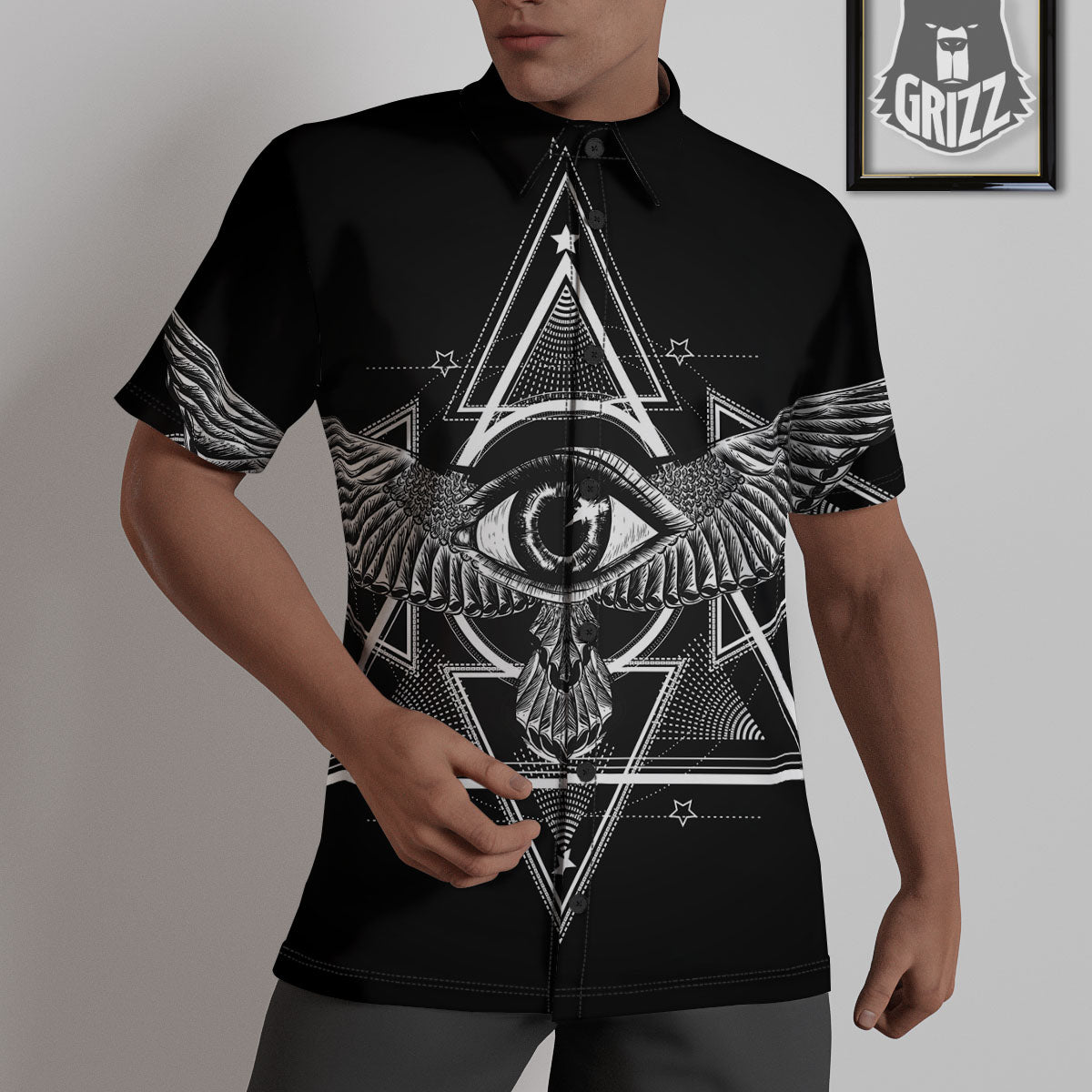 All Seeing Eye Black And Silver Print Untucked Shirts-grizzshop