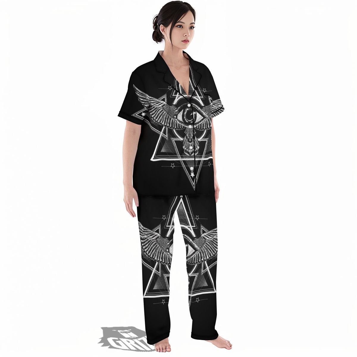 All Seeing Eye Black And Silver Print Women's Pajamas Set-grizzshop