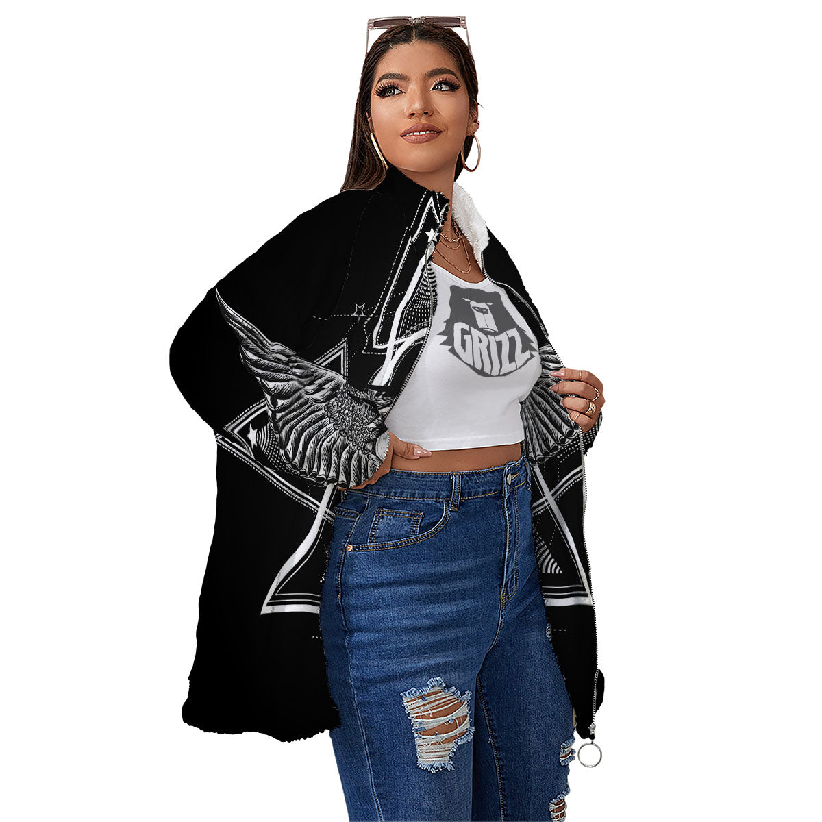 All Seeing Eye Black And Silver Print Women's Sherpa Jacket-grizzshop