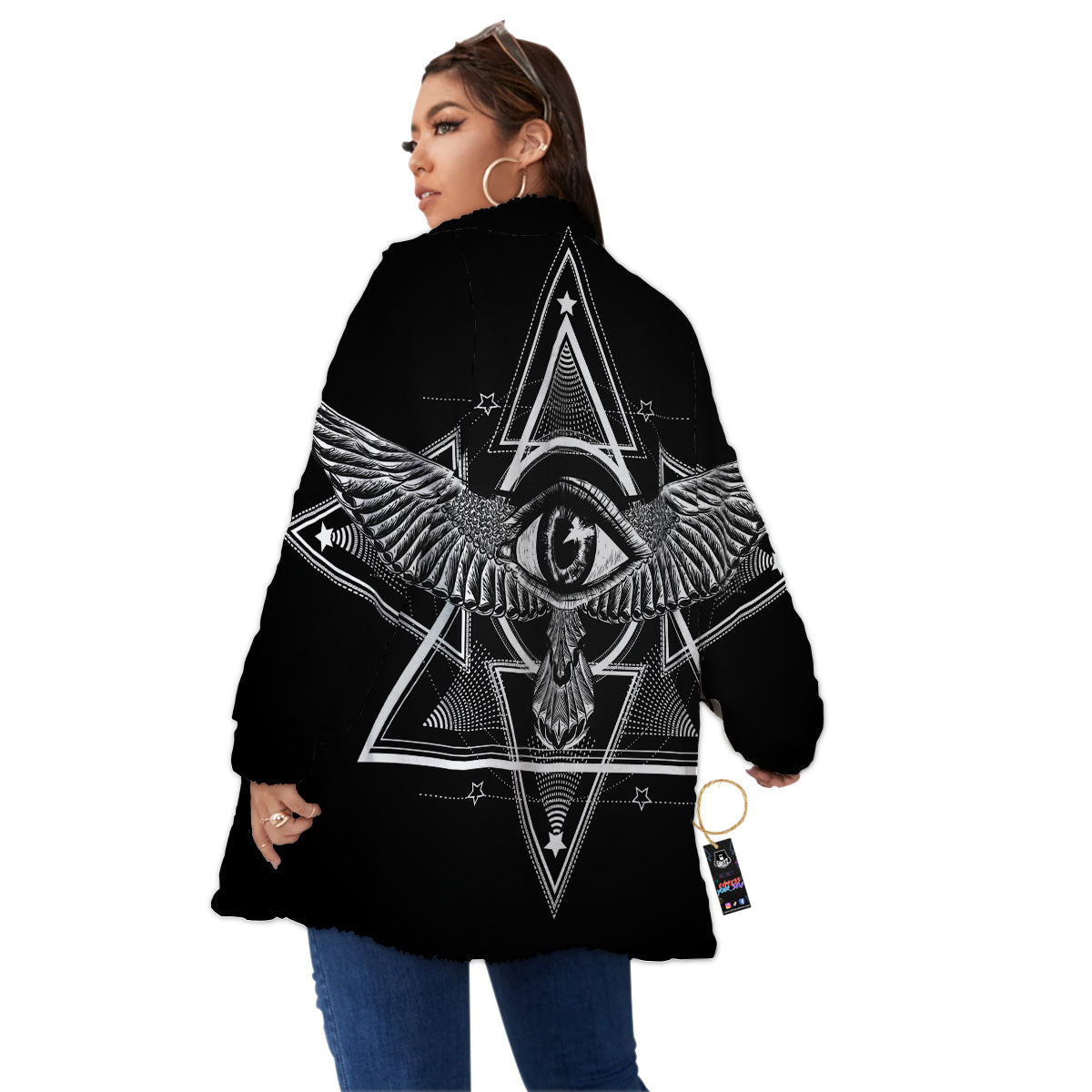All Seeing Eye Black And Silver Print Women's Sherpa Jacket-grizzshop