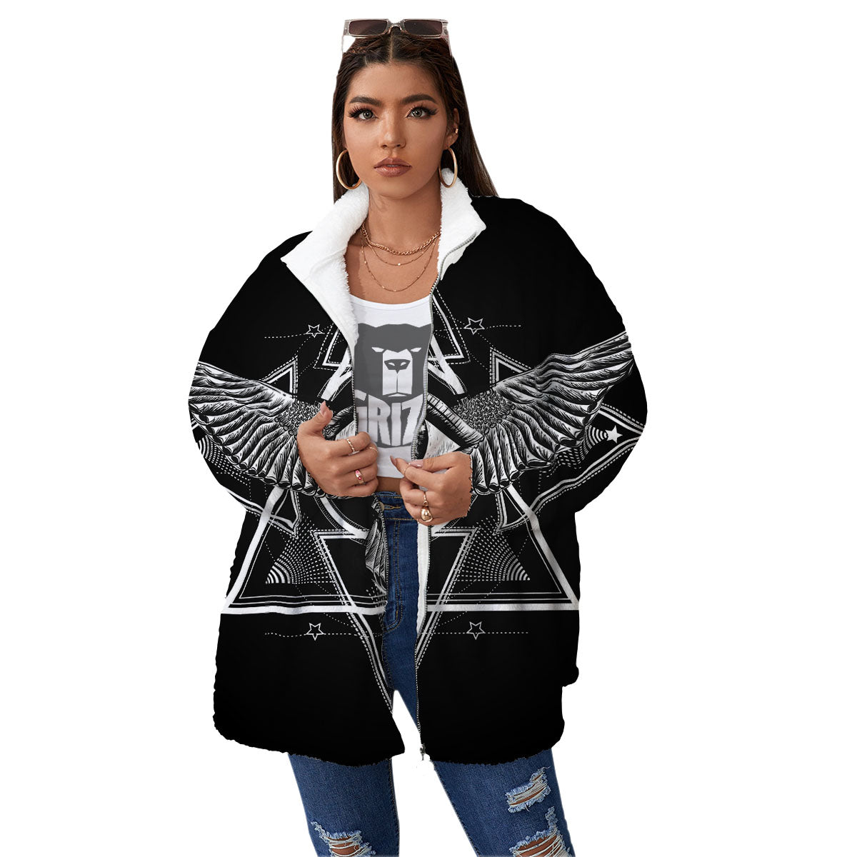 All Seeing Eye Black And Silver Print Women's Sherpa Jacket-grizzshop